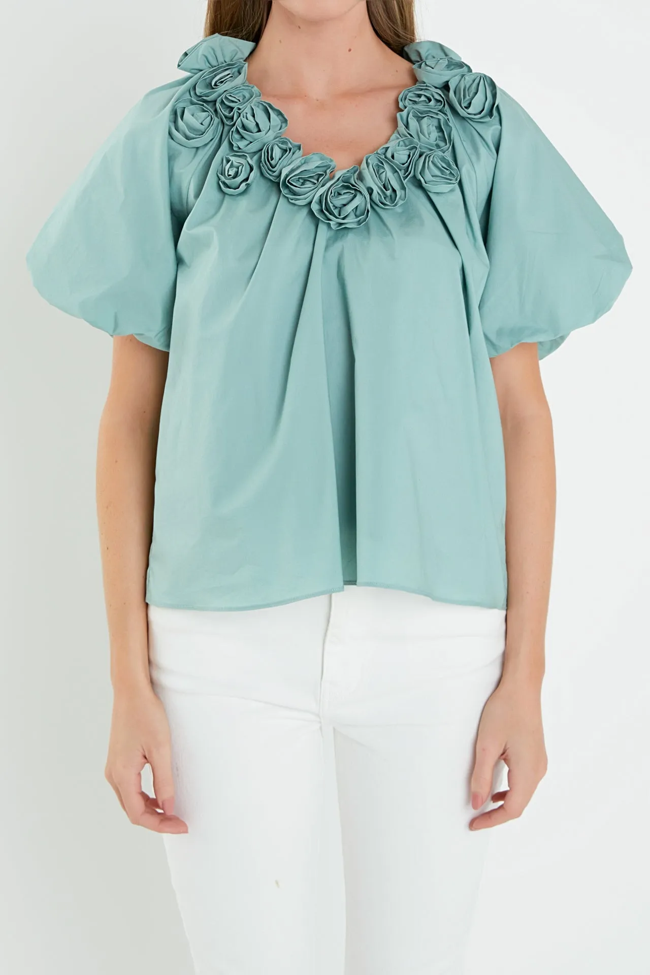 English Factory - Flower Neckline Puff Sleeve Top