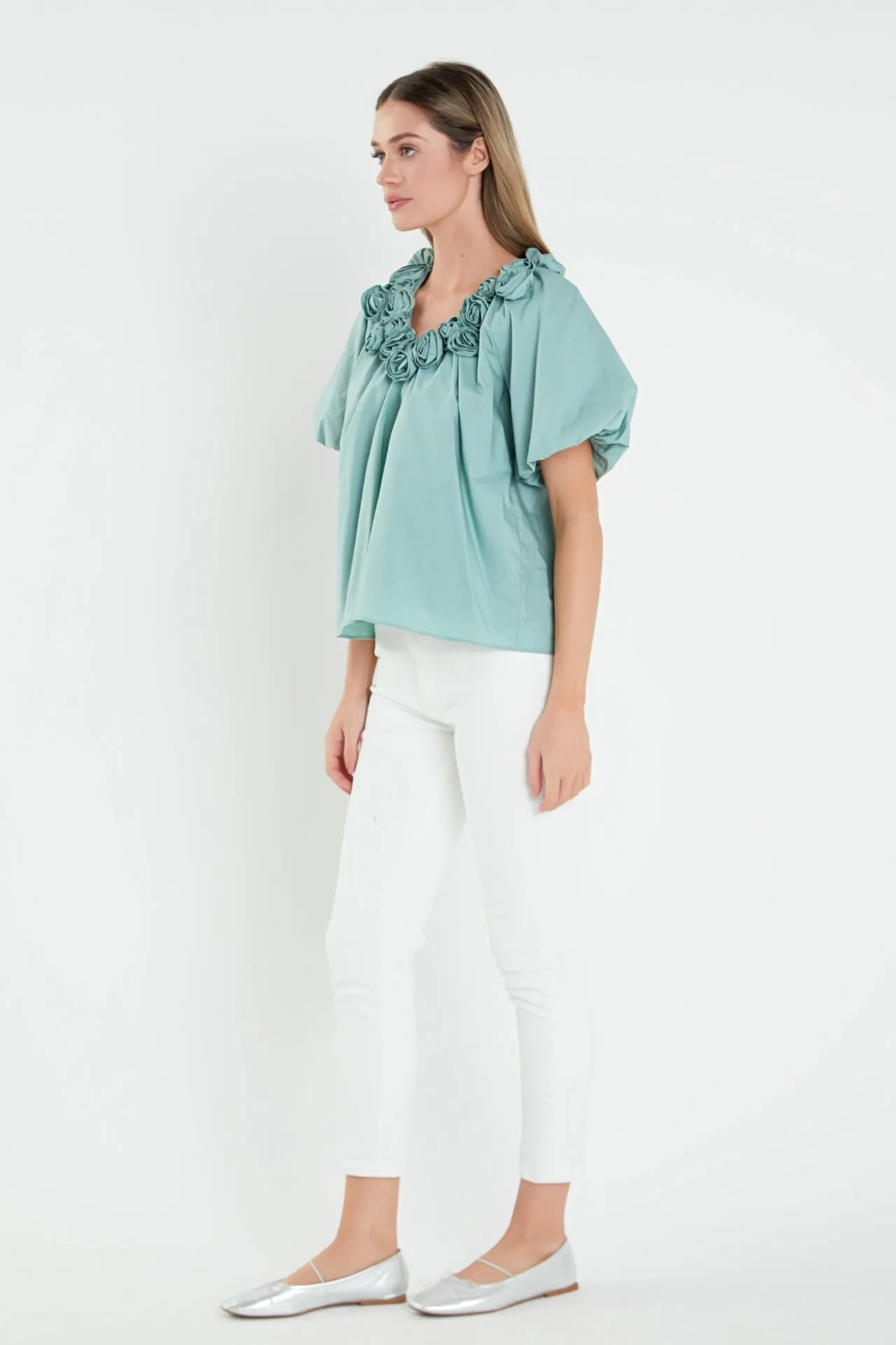 English Factory - Flower Neckline Puff Sleeve Top