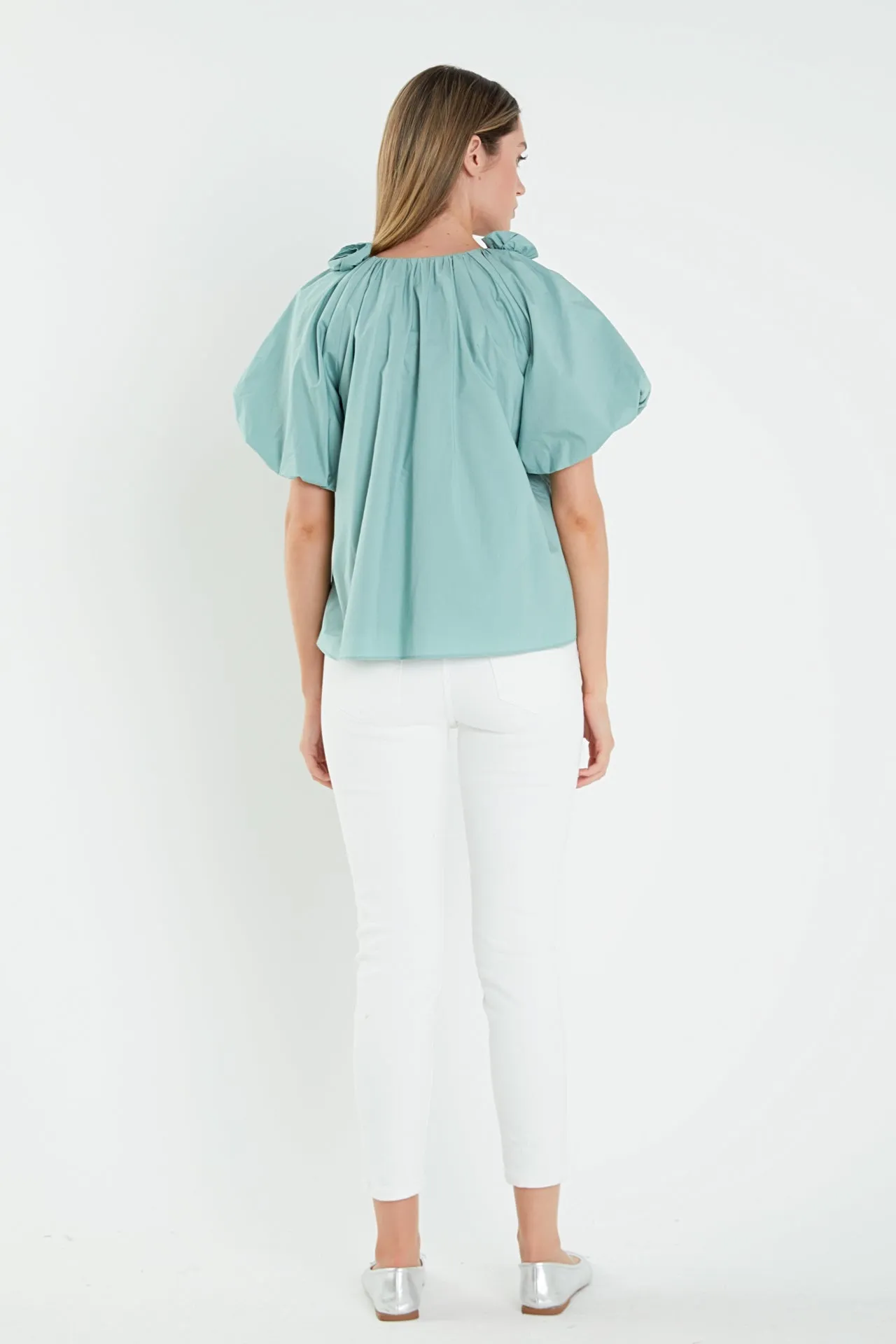 English Factory - Flower Neckline Puff Sleeve Top