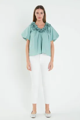 English Factory - Flower Neckline Puff Sleeve Top