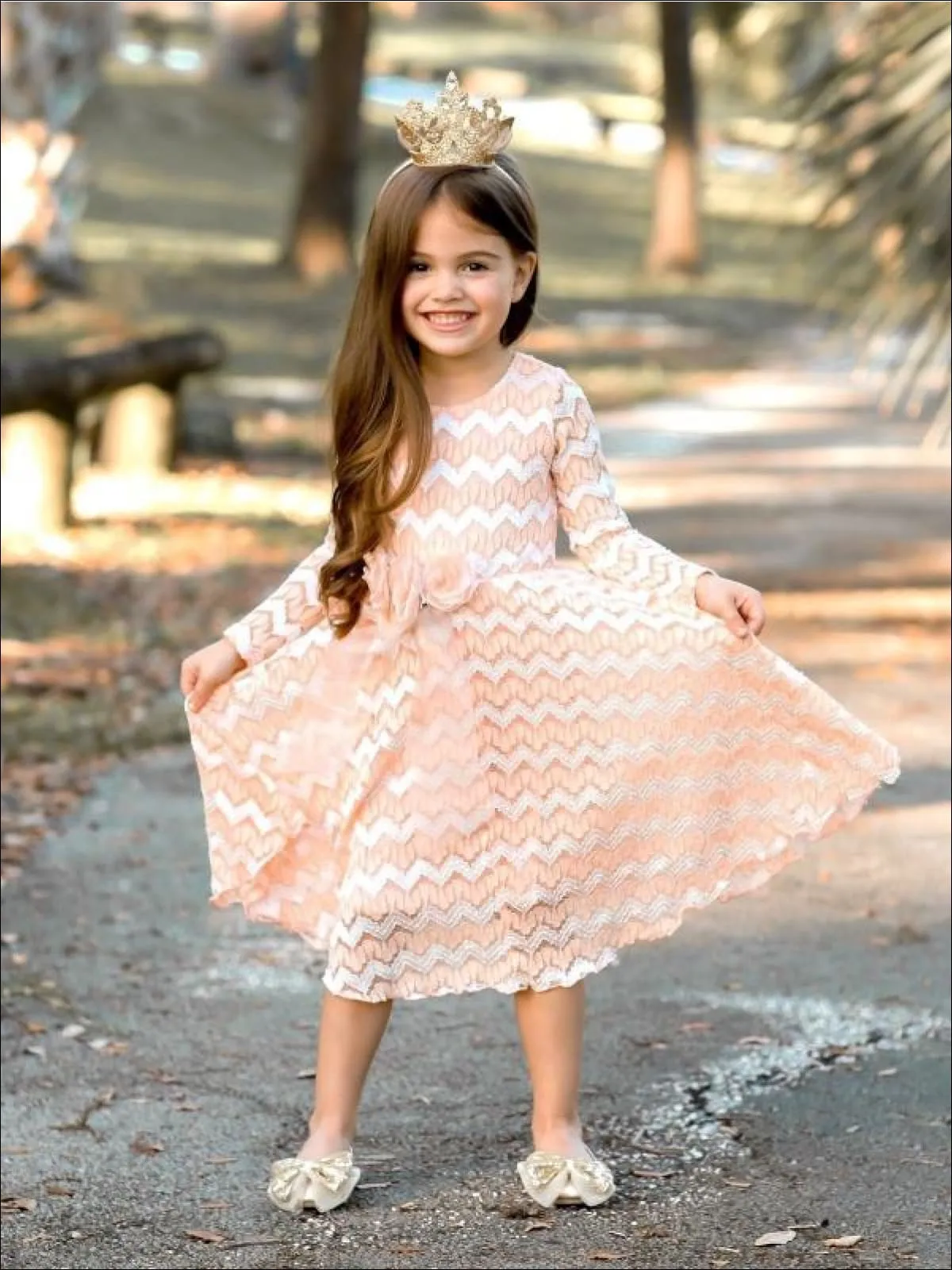 Girls Long Sleeve Chevron Peach Antique Lace Dress with Bow