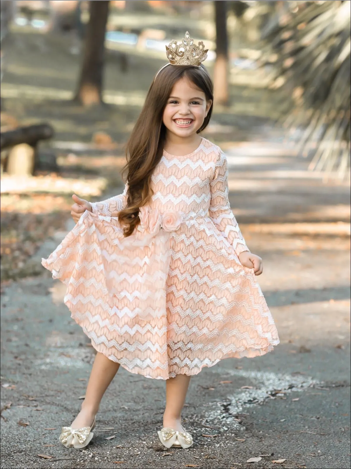 Girls Long Sleeve Chevron Peach Antique Lace Dress with Bow