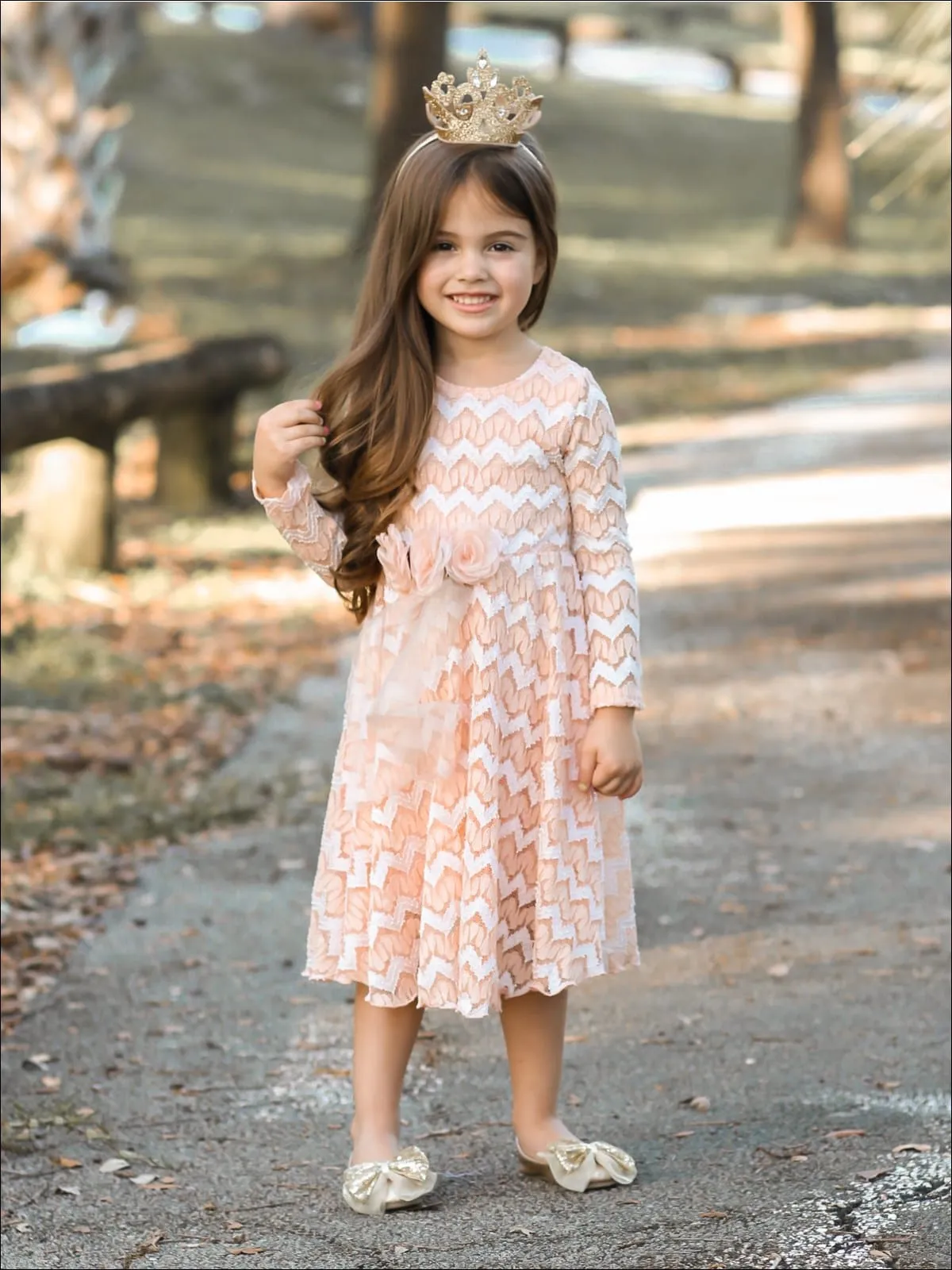 Girls Long Sleeve Chevron Peach Antique Lace Dress with Bow