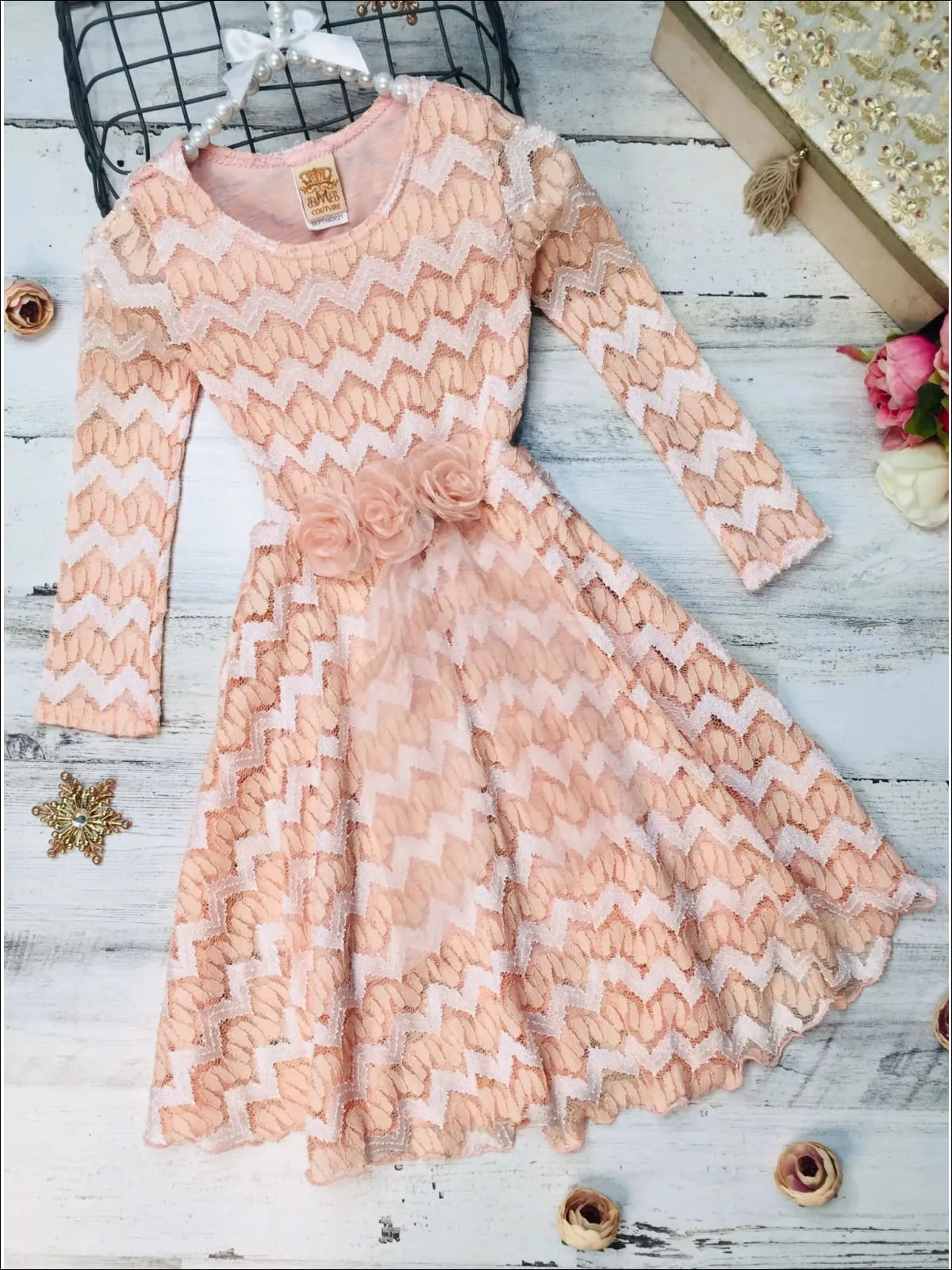 Girls Long Sleeve Chevron Peach Antique Lace Dress with Bow