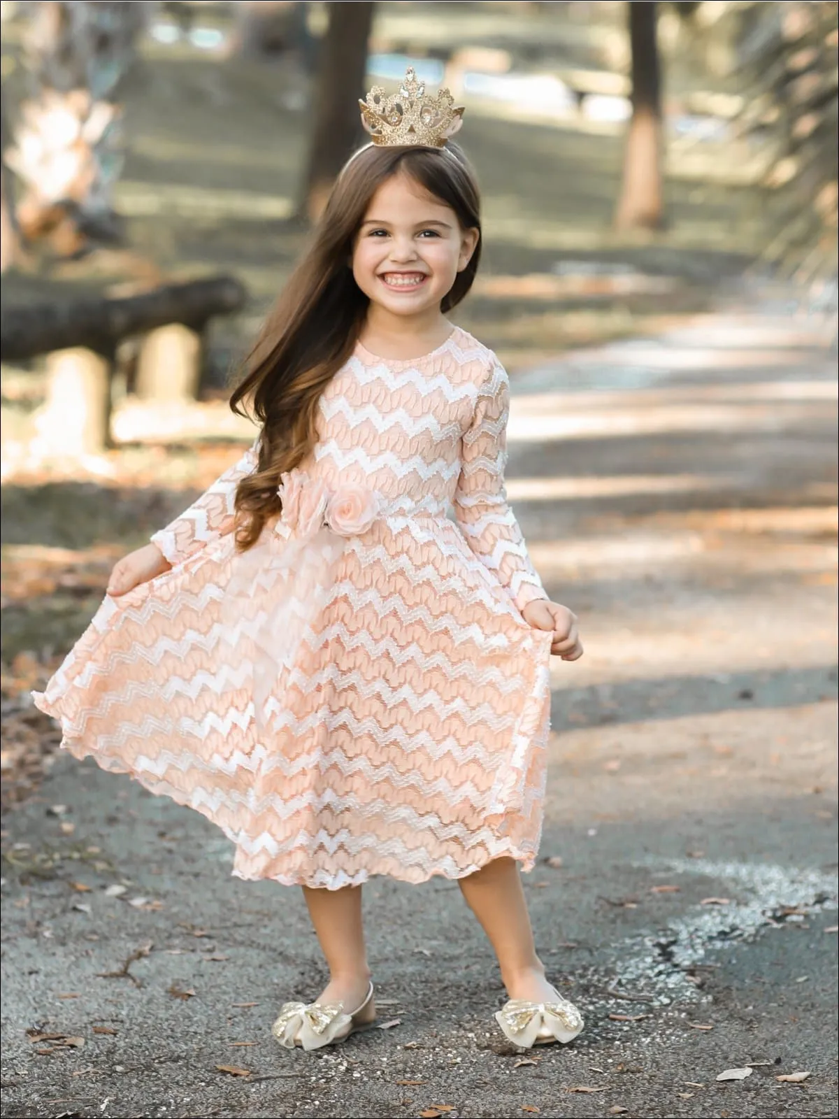 Girls Long Sleeve Chevron Peach Antique Lace Dress with Bow