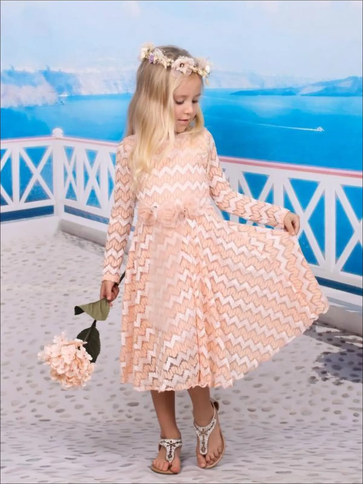 Girls Long Sleeve Chevron Peach Antique Lace Dress with Bow