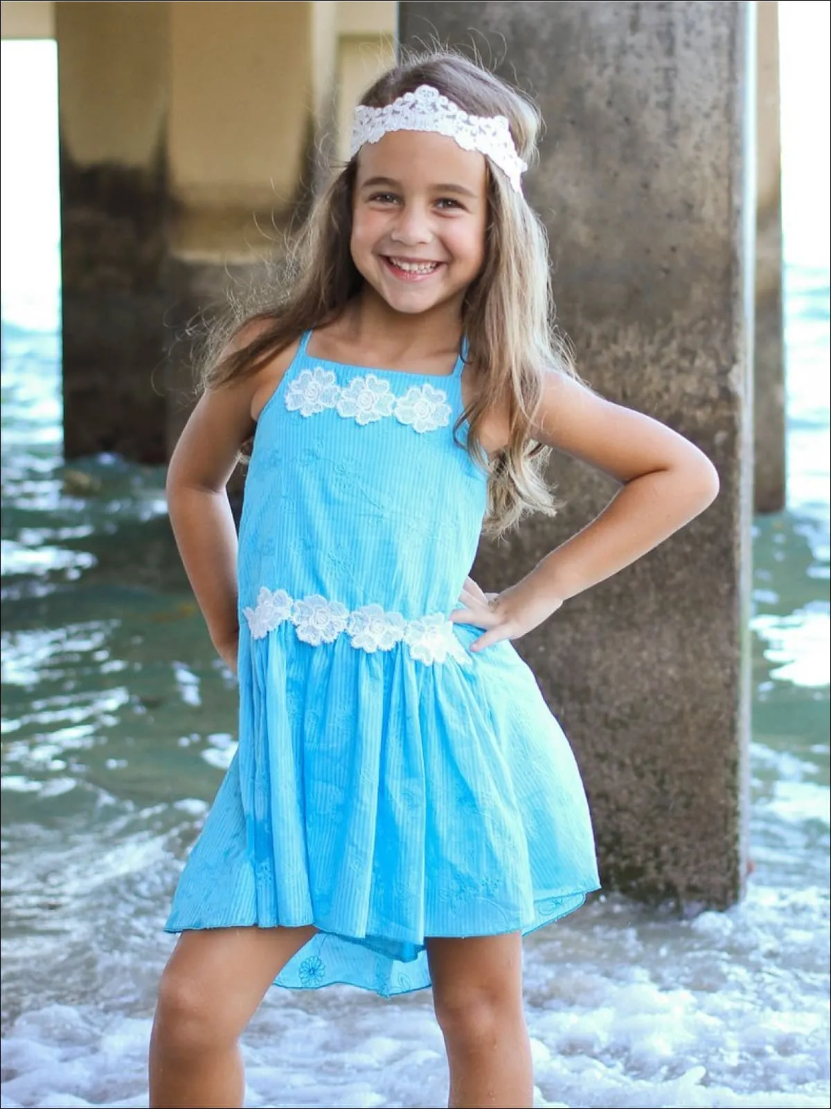 Girls Turquoise Lace Hi-Low Dress