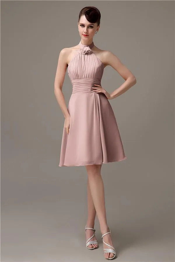 Halter Knee-length Chiffon A-line Short Bridesmaid Dresses