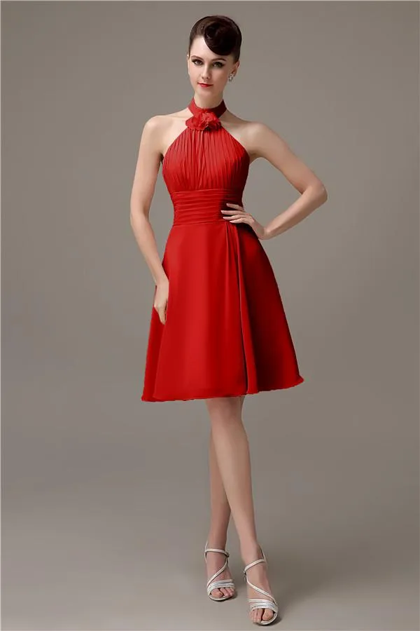 Halter Knee-length Chiffon A-line Short Bridesmaid Dresses