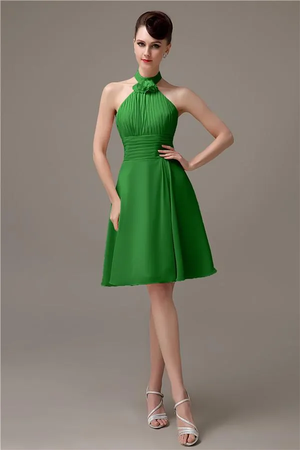 Halter Knee-length Chiffon A-line Short Bridesmaid Dresses