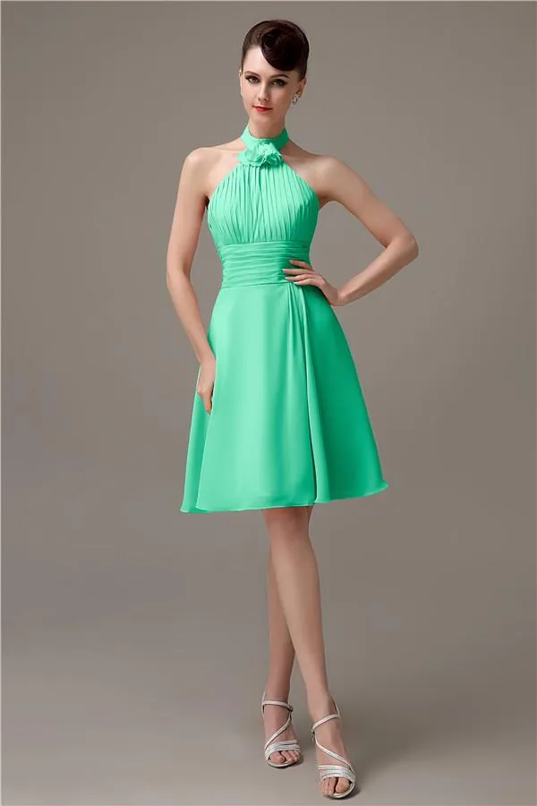 Halter Knee-length Chiffon A-line Short Bridesmaid Dresses