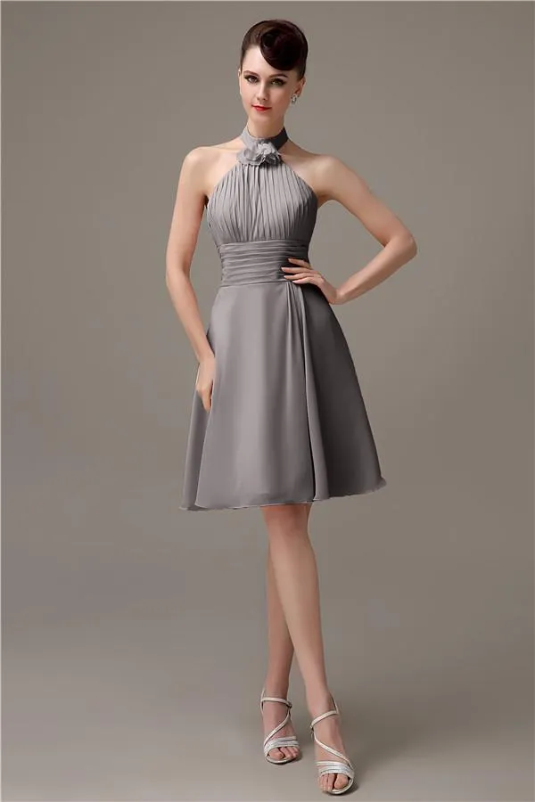 Halter Knee-length Chiffon A-line Short Bridesmaid Dresses