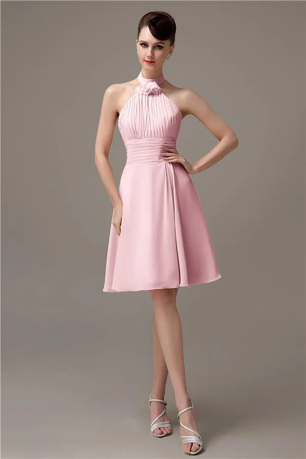 Halter Knee-length Chiffon A-line Short Bridesmaid Dresses