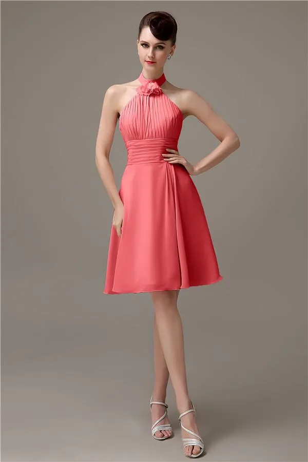 Halter Knee-length Chiffon A-line Short Bridesmaid Dresses