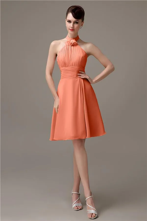 Halter Knee-length Chiffon A-line Short Bridesmaid Dresses