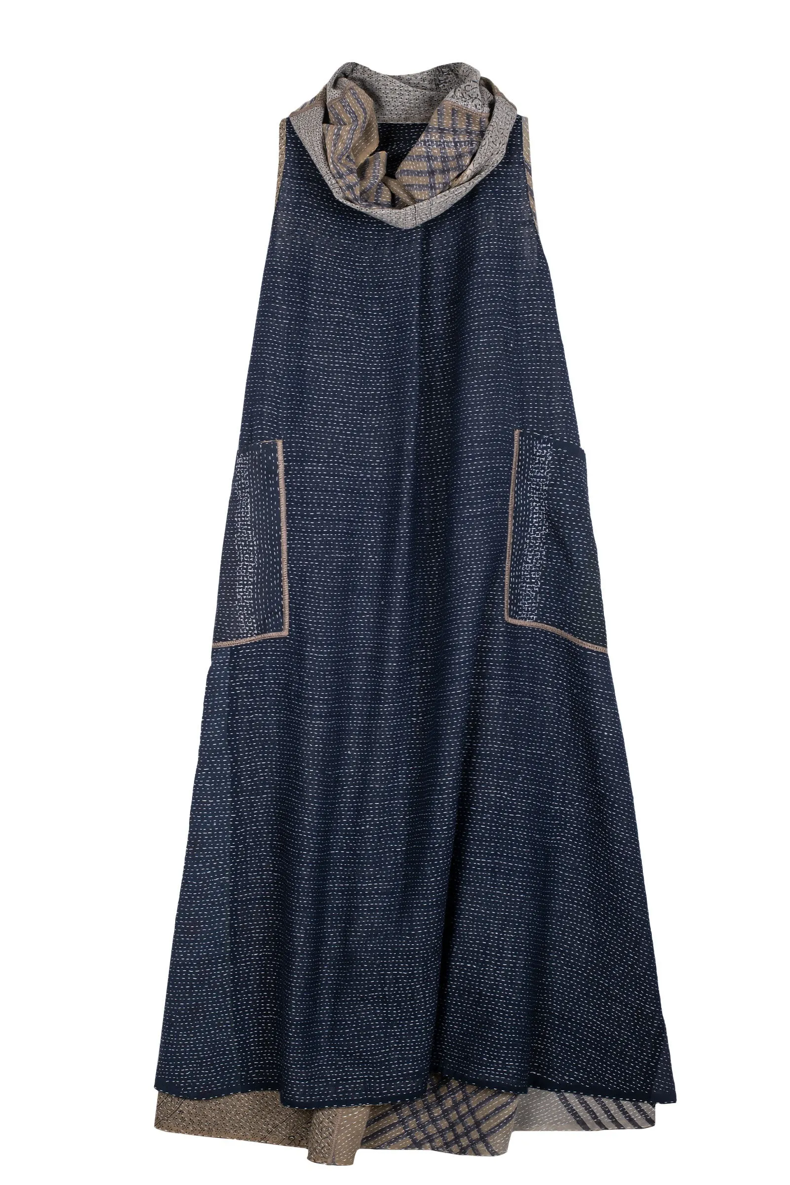 INDONESIAN PRINT VINTAGE INDIGO BACKING KANTHA COWL NECK MAXI DRESS - bi2438-blu -