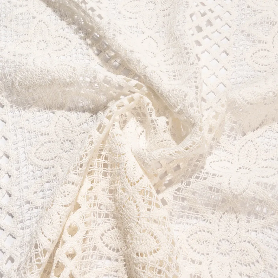 Ivory Geometric Fringed Cotton Blend Guipure Lace