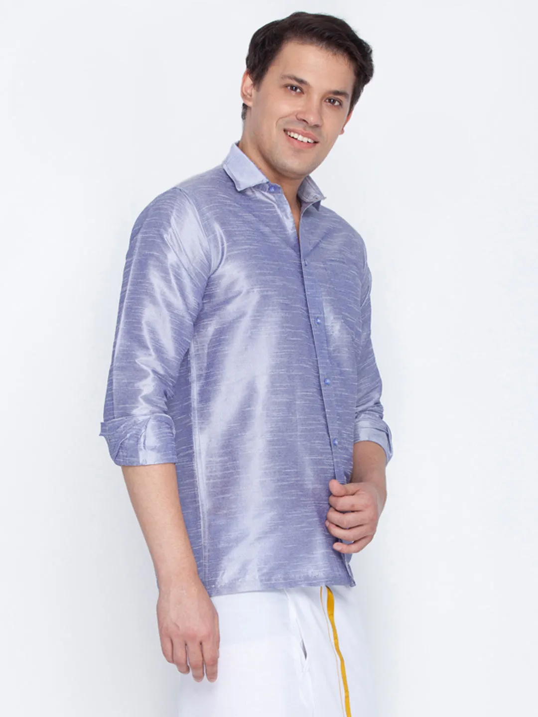 Jashvi Men's Light Blue Silk Blend Ethnic Shirt