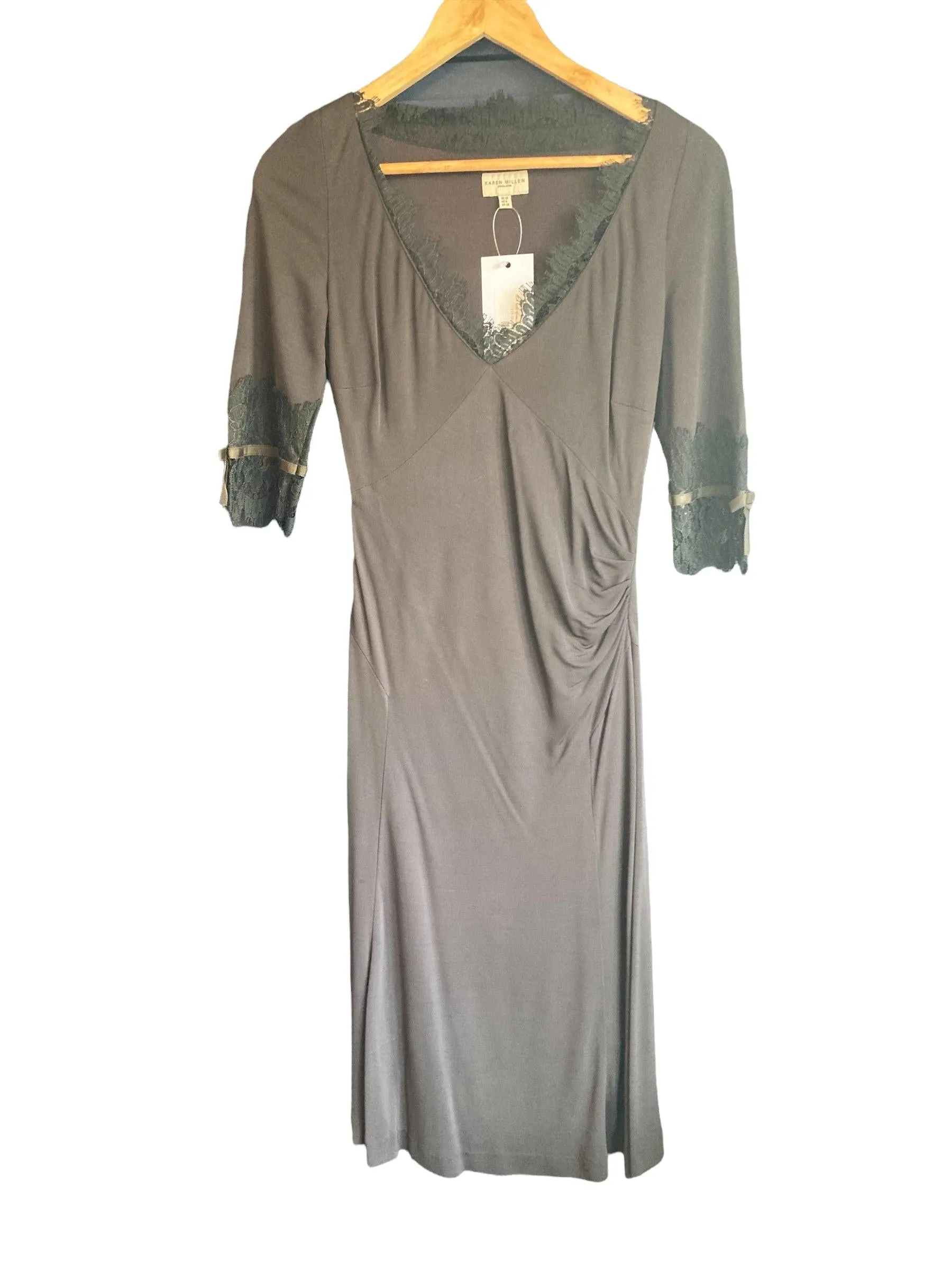 Karen Millen Brown 3/4 Sleeve Dress Lace Detail UK Size 10