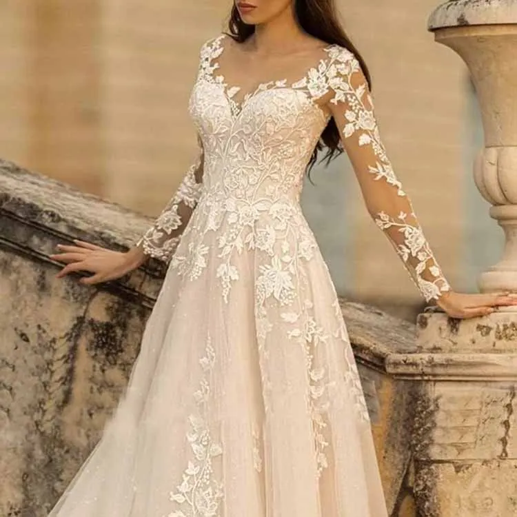 Lace A-Line Boho Long Sleeves Wedding Dress Ball Gown with Train