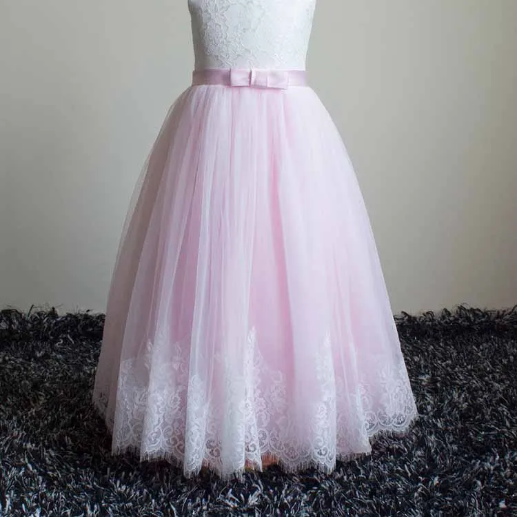 Lace Embroidery Sheer Long Sleeves Kids Trailing Gown Girls Tutu Prom Dress