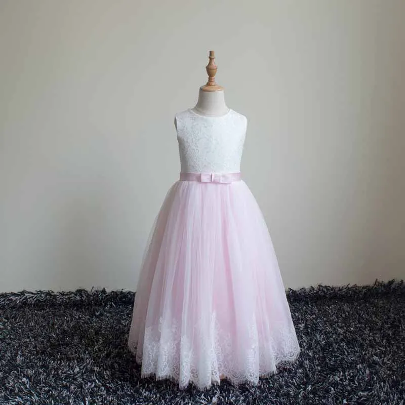 Lace Embroidery Sheer Long Sleeves Kids Trailing Gown Girls Tutu Prom Dress