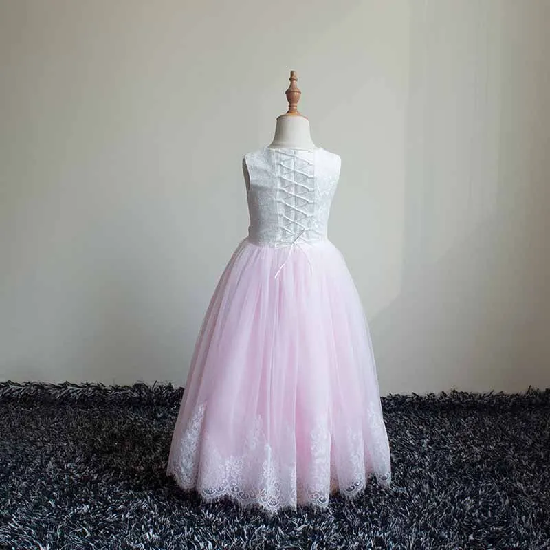 Lace Embroidery Sheer Long Sleeves Kids Trailing Gown Girls Tutu Prom Dress