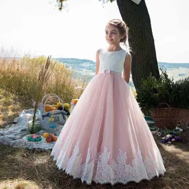 Lace Embroidery Sheer Long Sleeves Kids Trailing Gown Girls Tutu Prom Dress