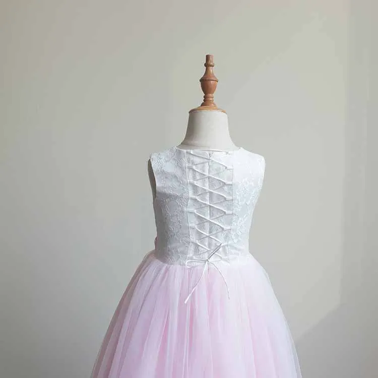 Lace Embroidery Sheer Long Sleeves Kids Trailing Gown Girls Tutu Prom Dress