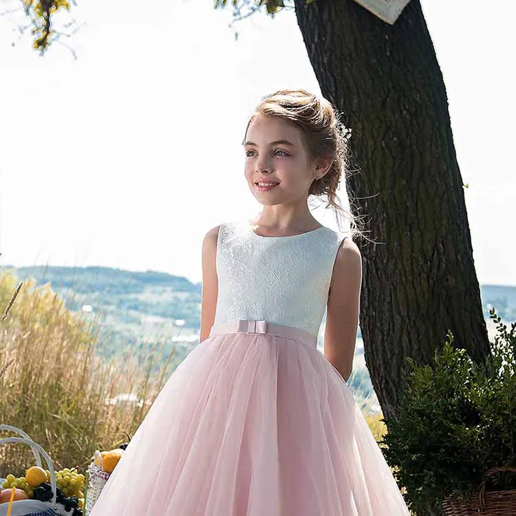 Lace Embroidery Sheer Long Sleeves Kids Trailing Gown Girls Tutu Prom Dress