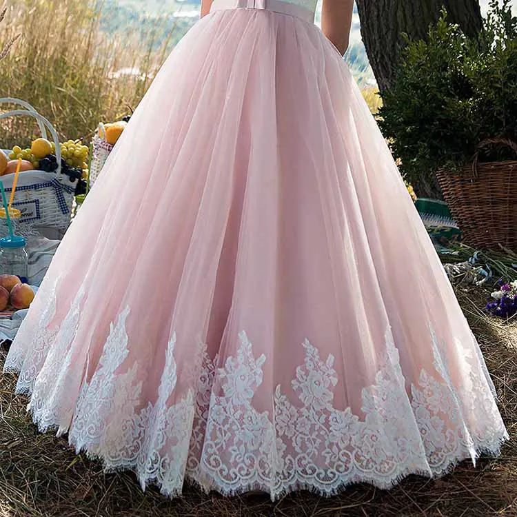 Lace Embroidery Sheer Long Sleeves Kids Trailing Gown Girls Tutu Prom Dress