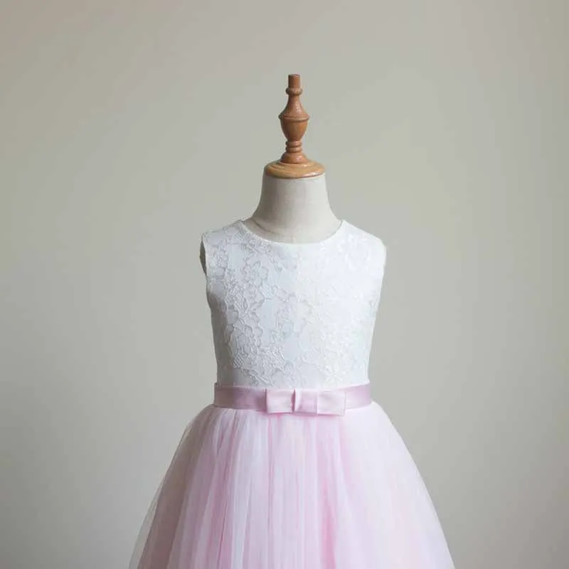 Lace Embroidery Sheer Long Sleeves Kids Trailing Gown Girls Tutu Prom Dress