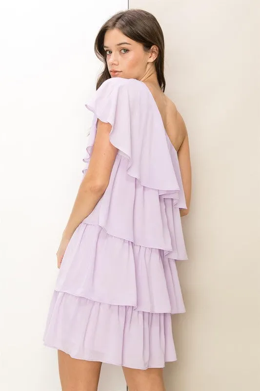 Lavender Romantic Flair One-Shoulder Ruffled Mini Dress