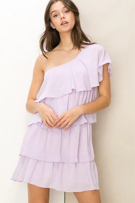 Lavender Romantic Flair One-Shoulder Ruffled Mini Dress