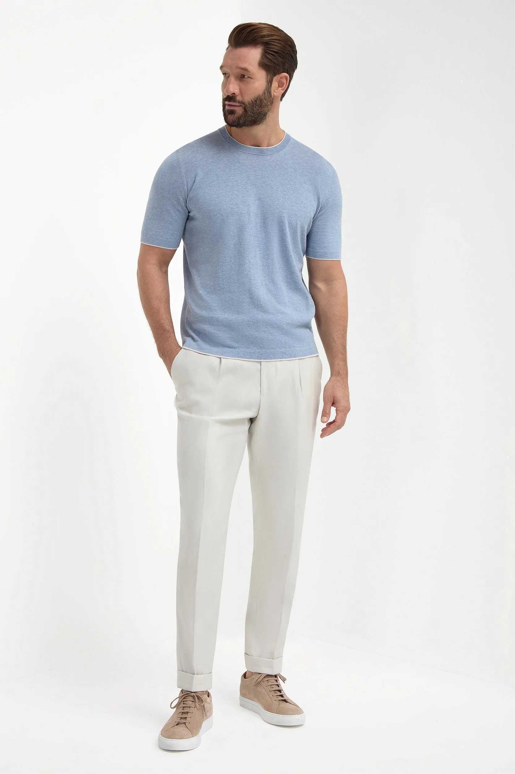 Light blue cotton t-shirt with collar detail - Made in Italy