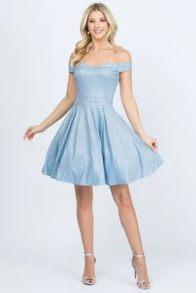 Light Blue Off The Shoulder Skater Dress Jaquard