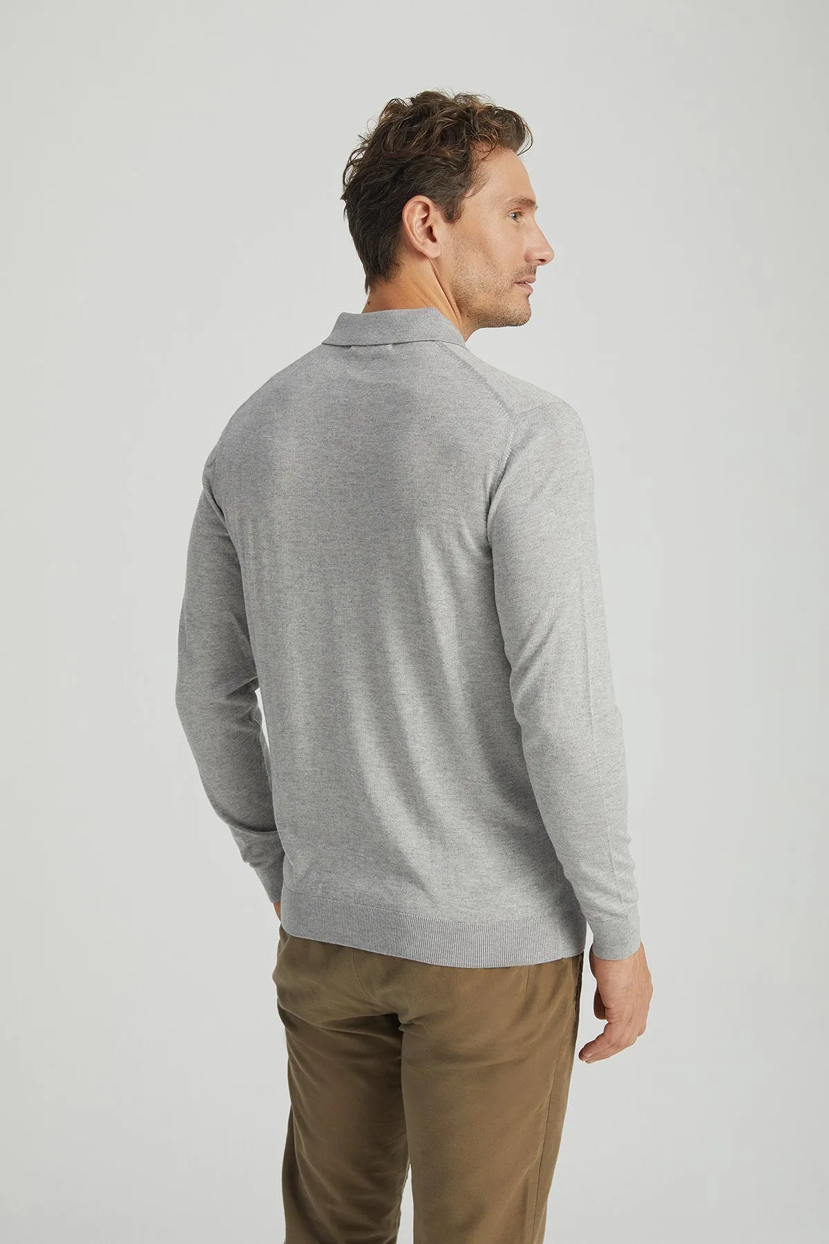 Light Gray Silk and Cashmere Polo Neck Long Sleeve Utku Men's Knitwear