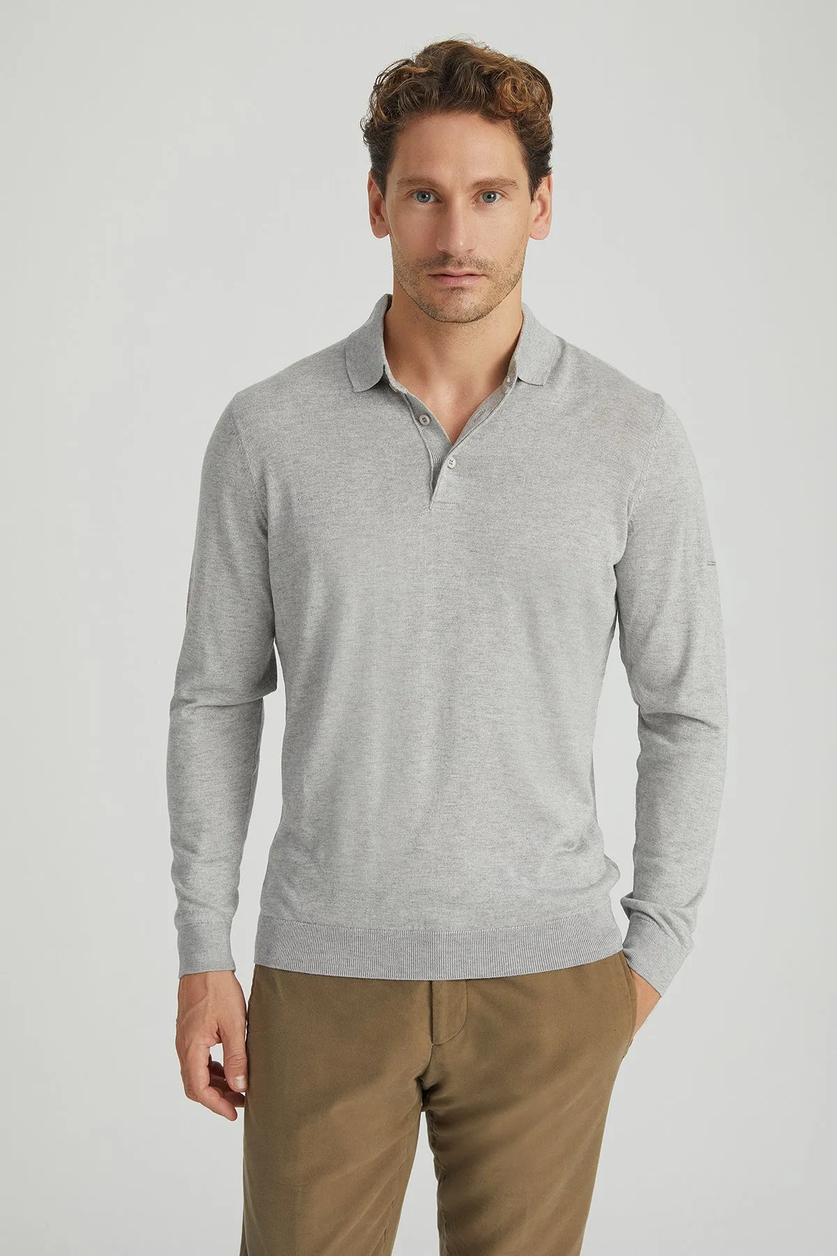 Light Gray Silk and Cashmere Polo Neck Long Sleeve Utku Men's Knitwear