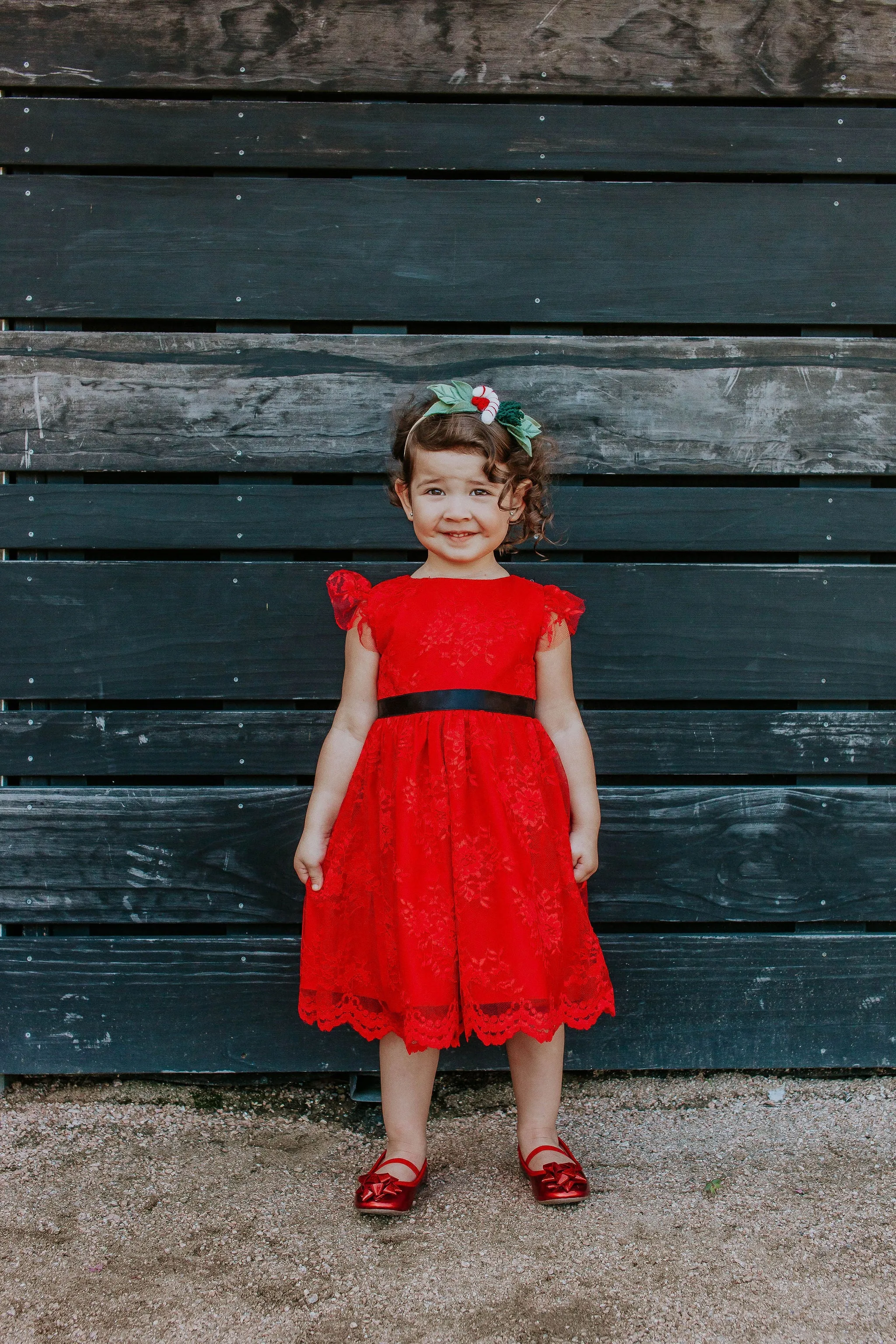 Little Girl's Red Lace Dress with Black Satin Sash