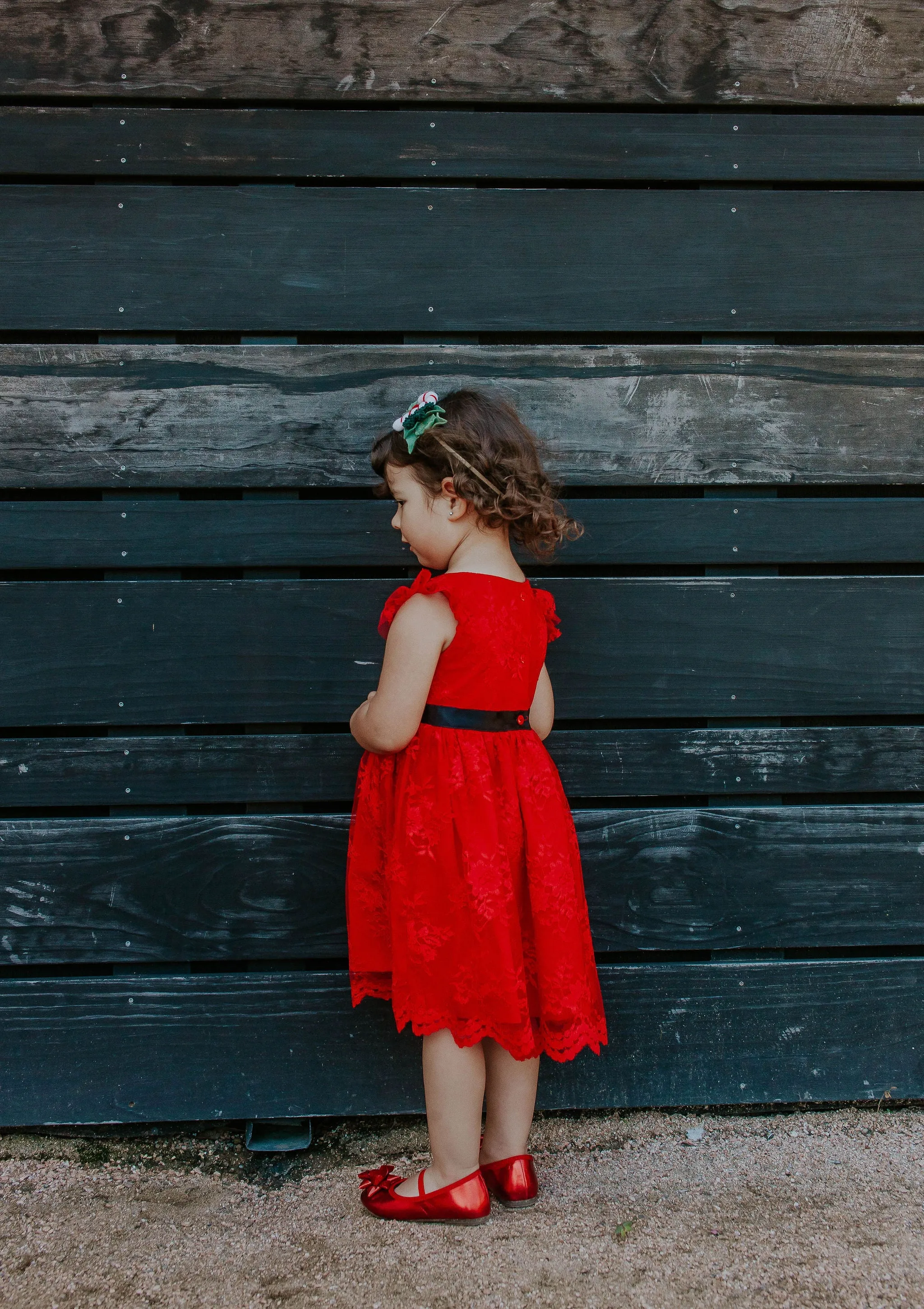 Little Girl's Red Lace Dress with Black Satin Sash