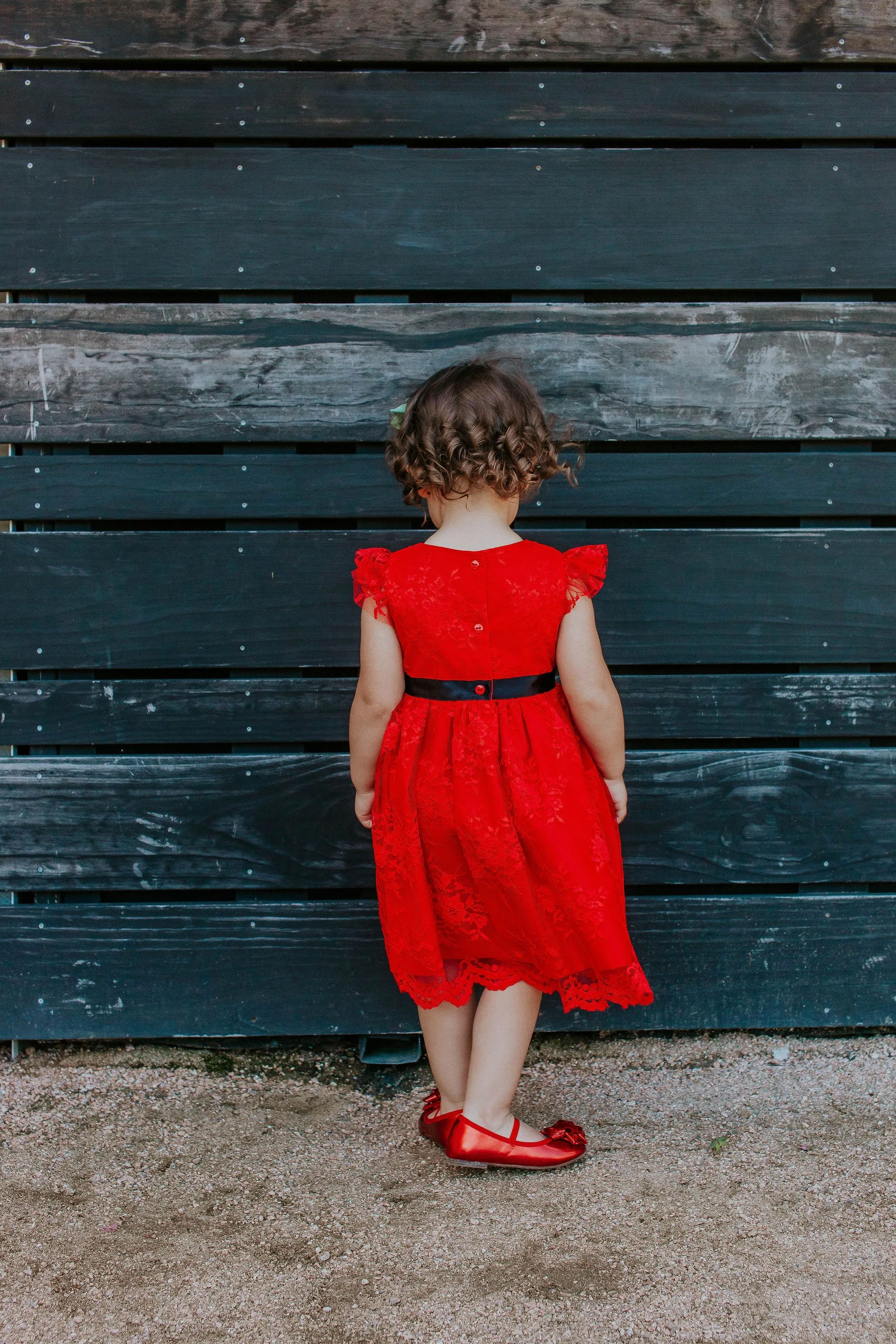 Little Girl's Red Lace Dress with Black Satin Sash