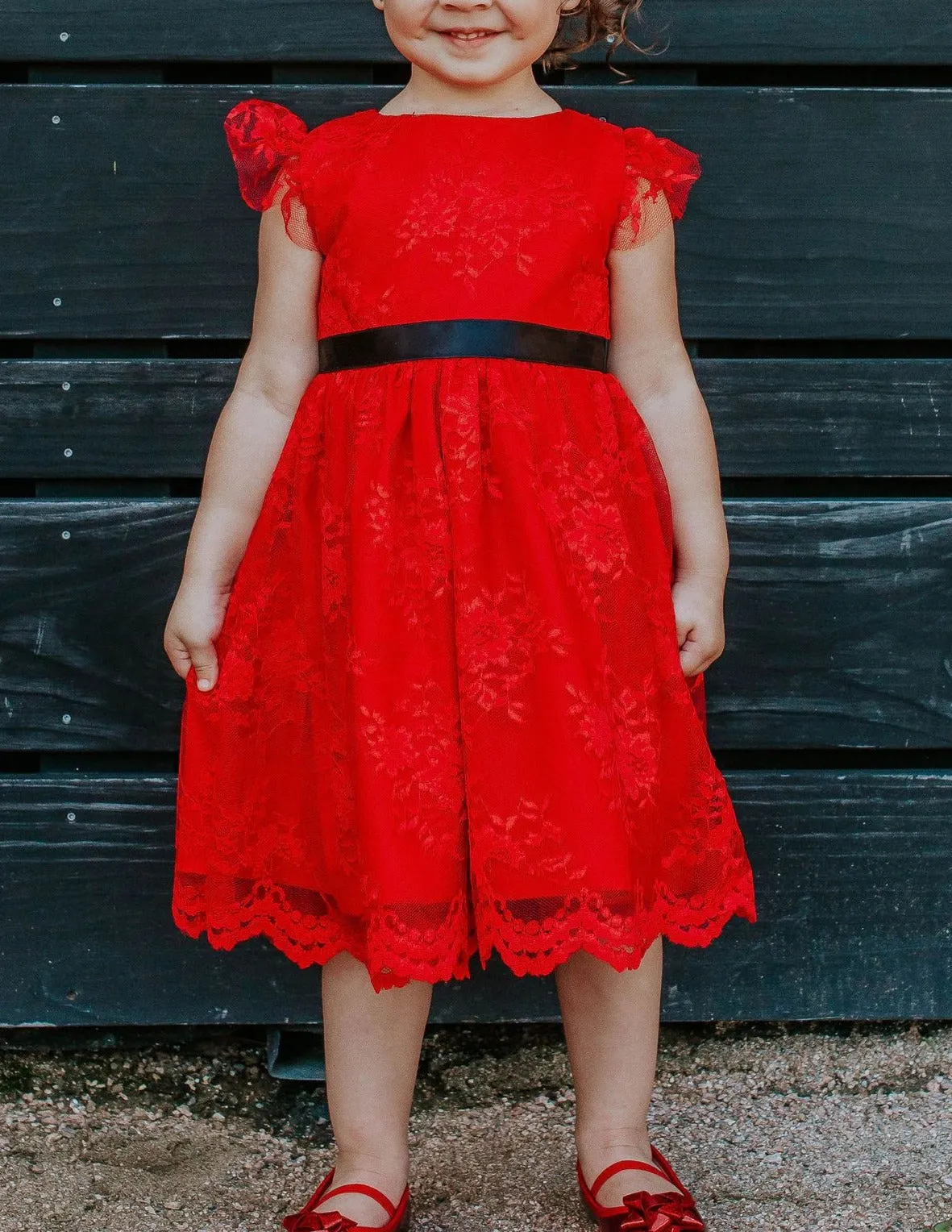 Little Girl's Red Lace Dress with Black Satin Sash