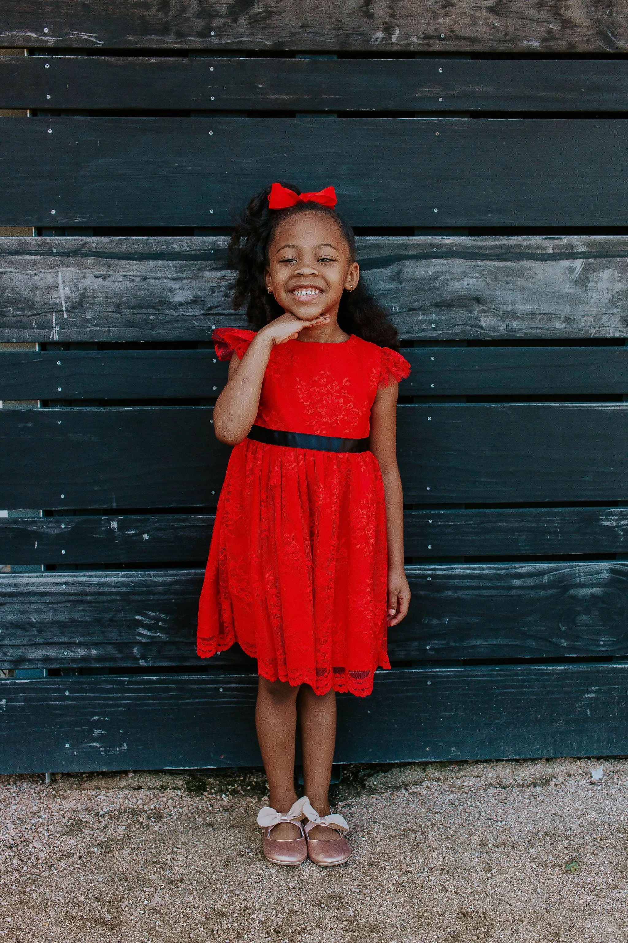 Little Girl's Red Lace Dress with Black Satin Sash