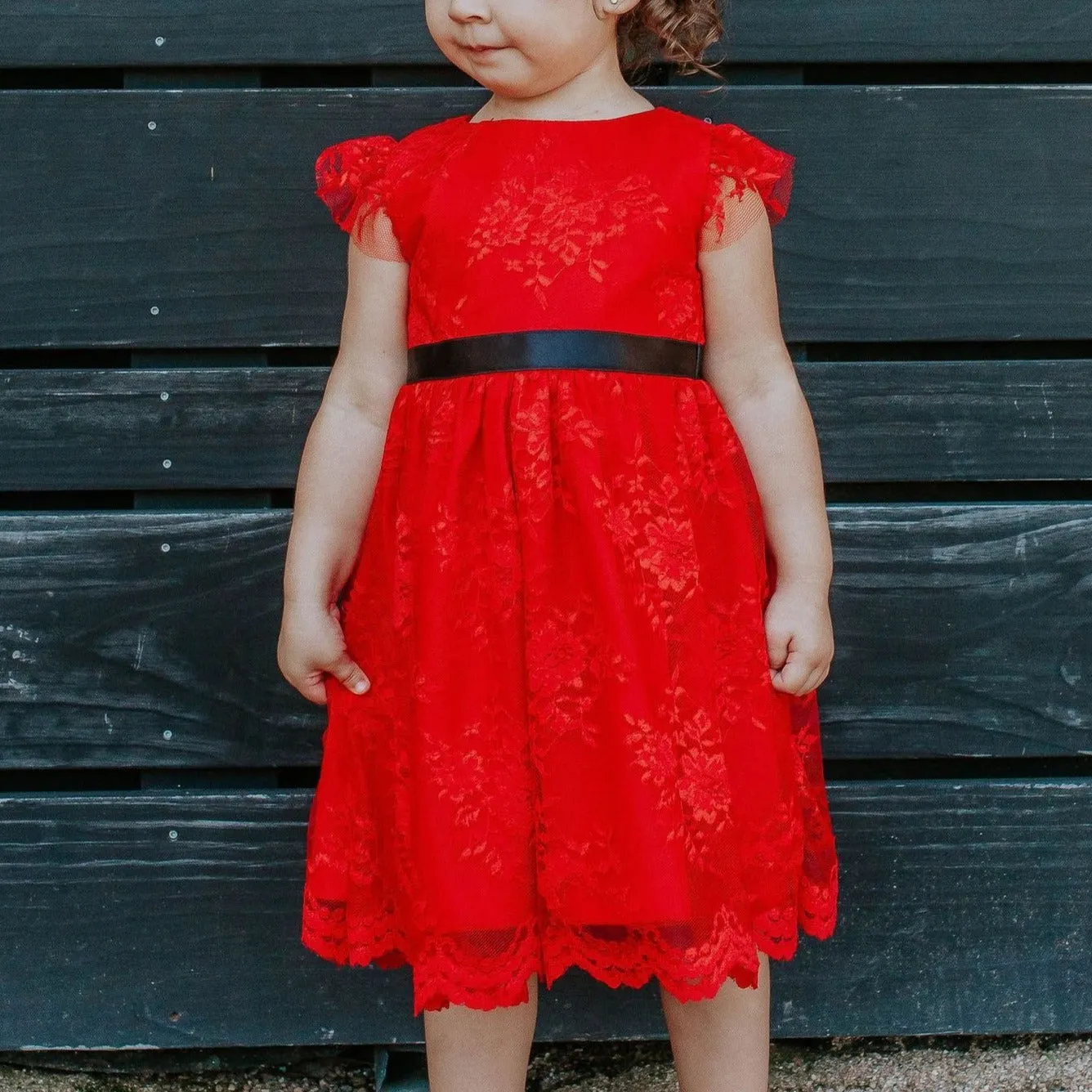 Little Girl's Red Lace Dress with Black Satin Sash