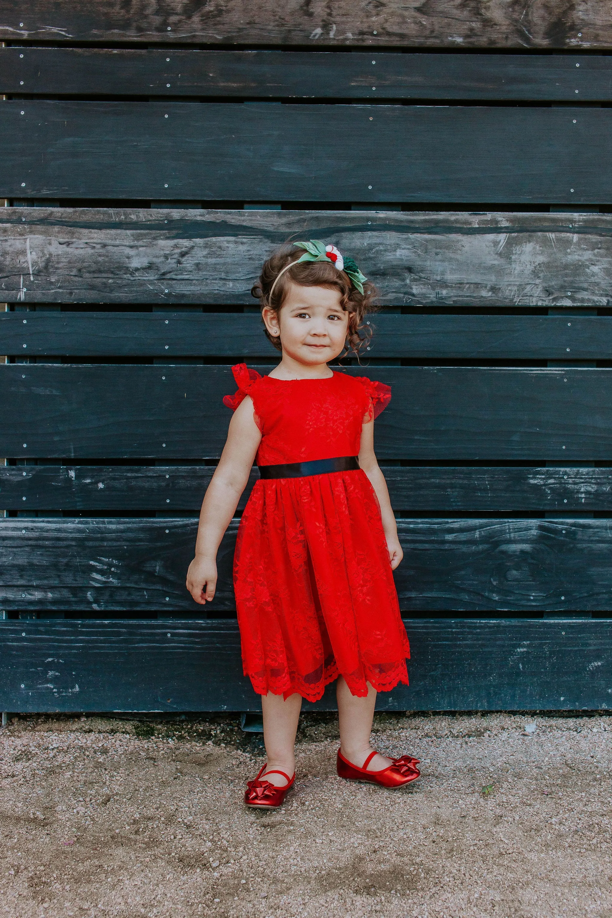 Little Girl's Red Lace Dress with Black Satin Sash