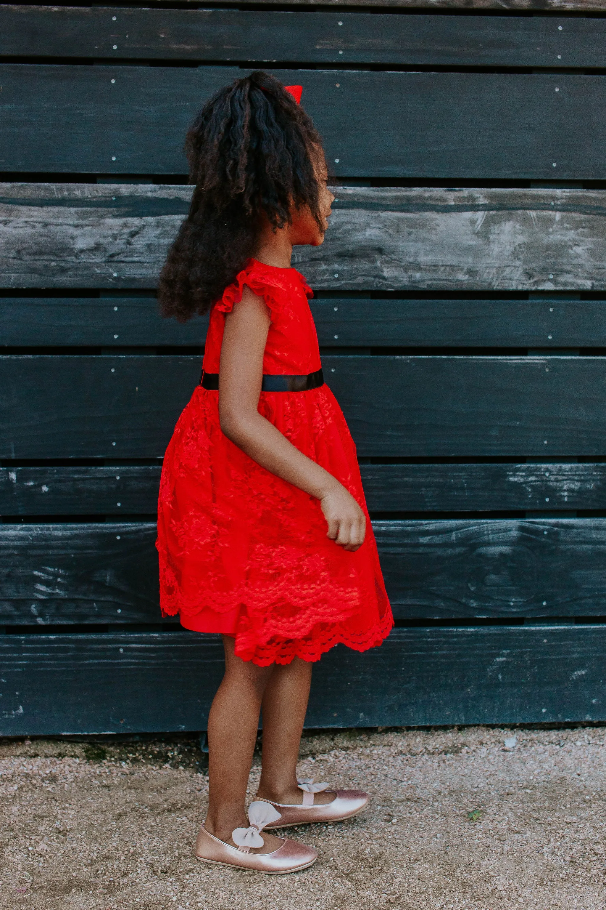 Little Girl's Red Lace Dress with Black Satin Sash