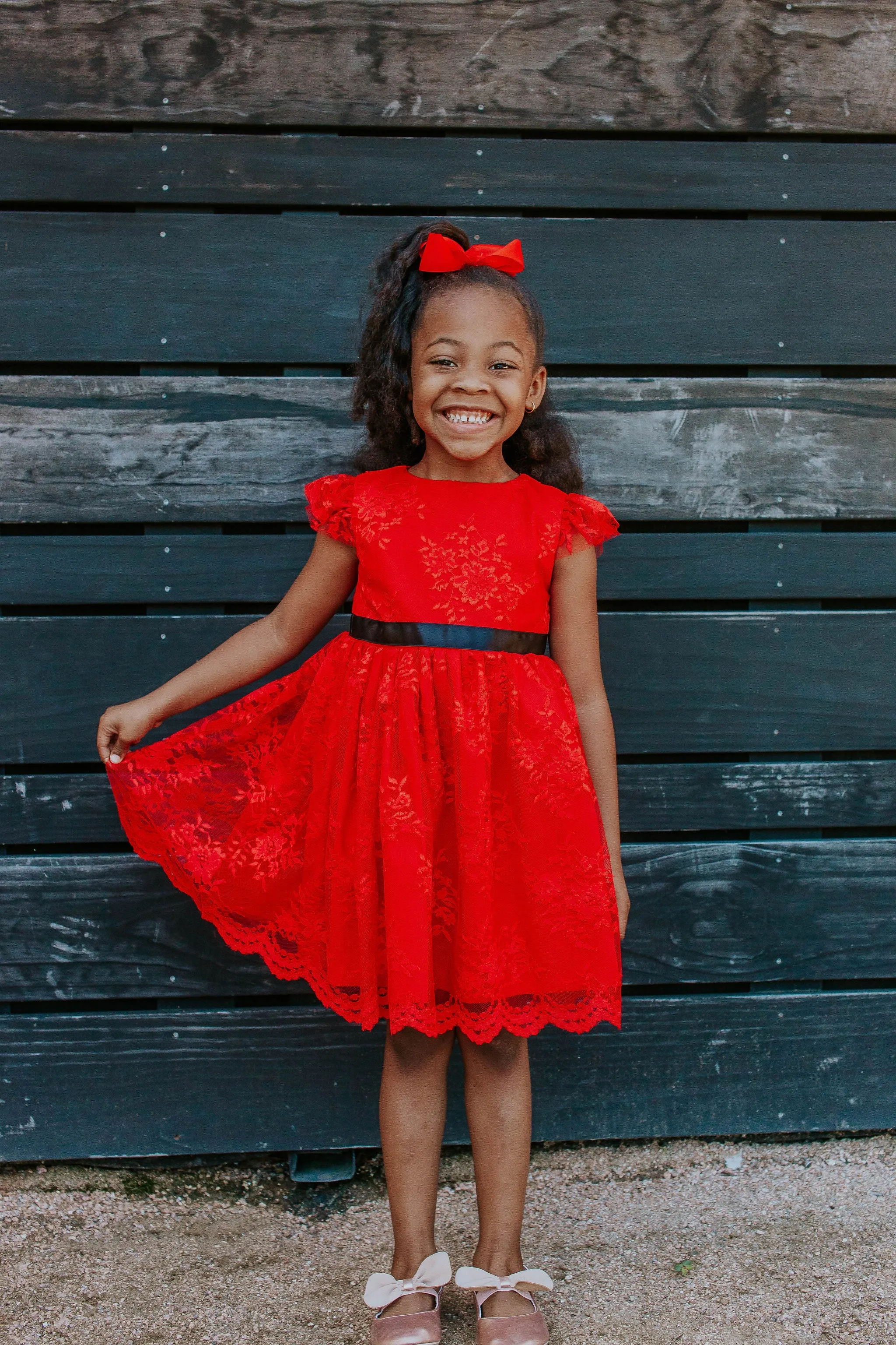 Little Girl's Red Lace Dress with Black Satin Sash