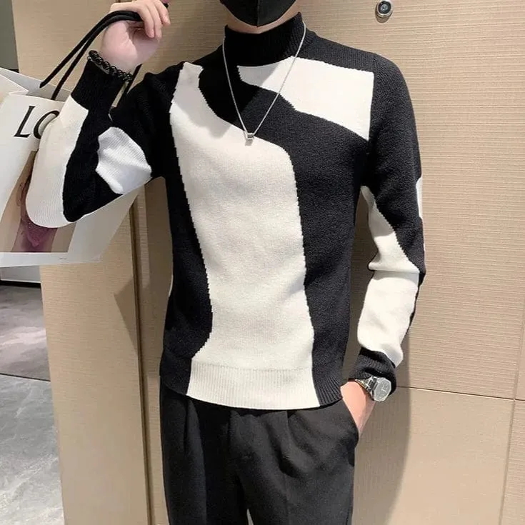 Luxury Half Turtleneck Men's Pattern Sweater Long Sleeve Slim Fit Casual Pullover Knitwear