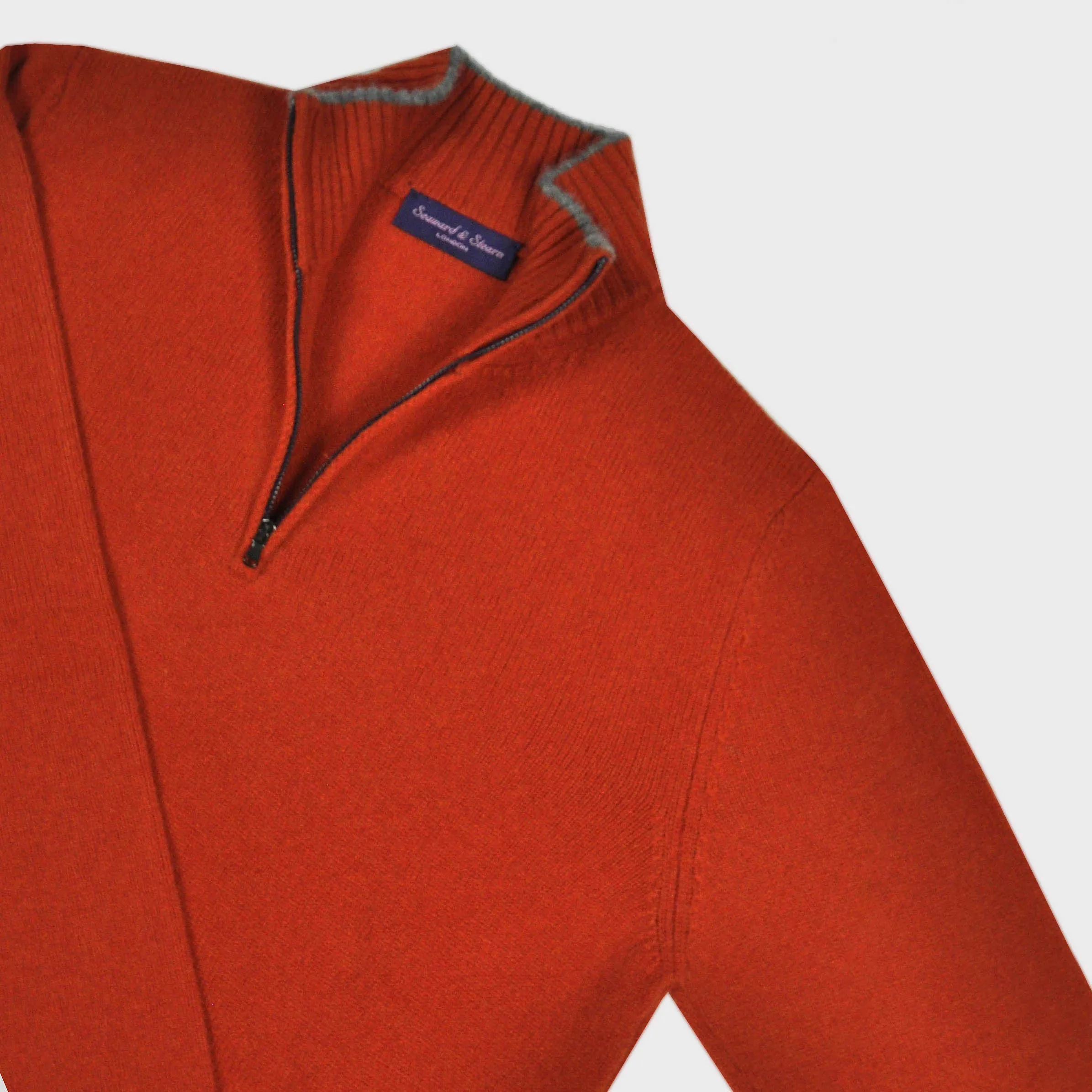 Merino Wool Quarter Zip Jumper in Rusty Red with Beige Trim