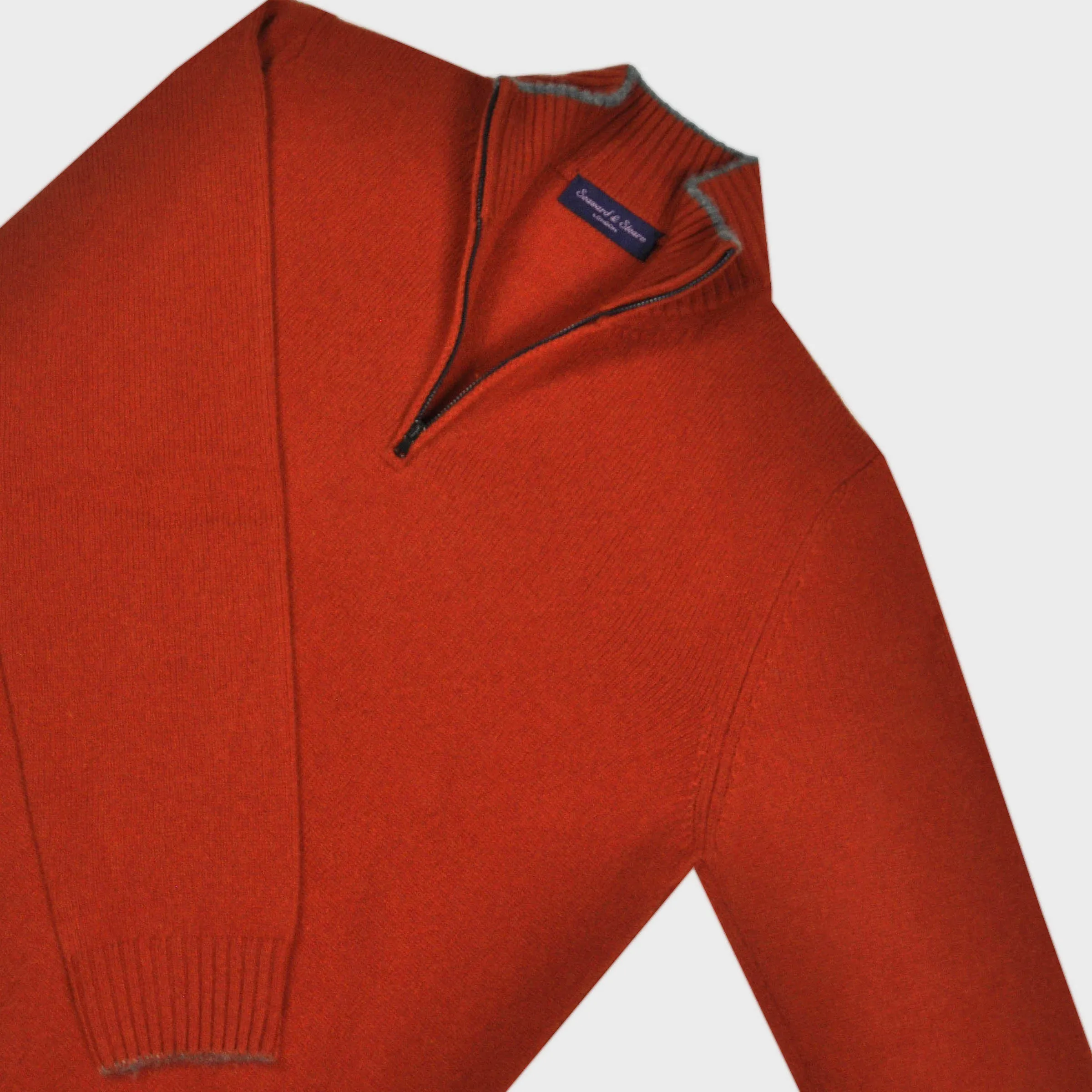 Merino Wool Quarter Zip Jumper in Rusty Red with Beige Trim